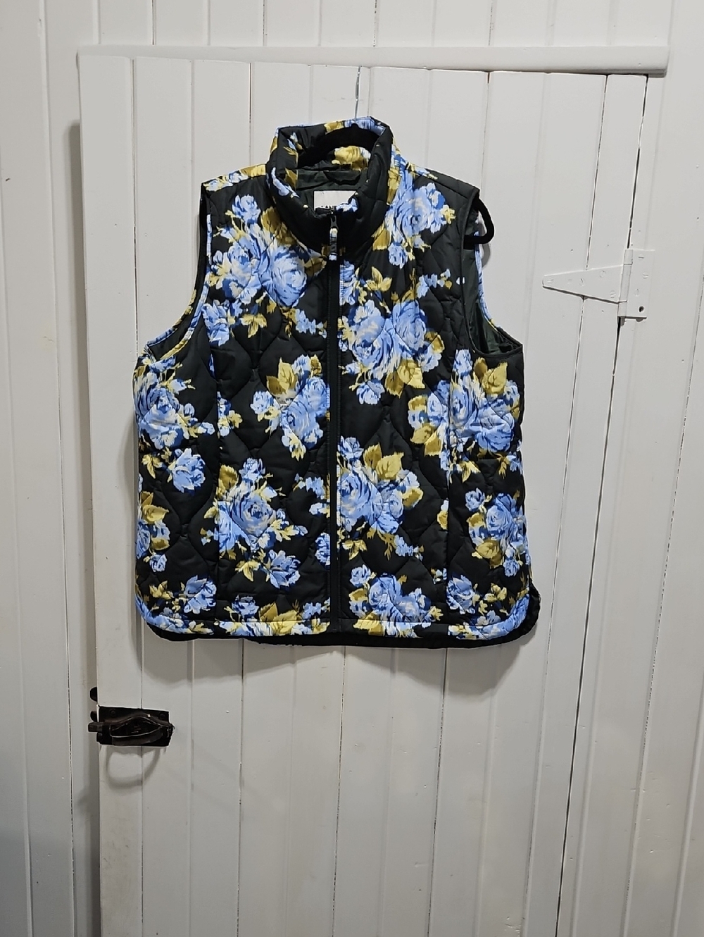 Lands' End Black Quilted Vest with Blue and Yellow Floral Accents